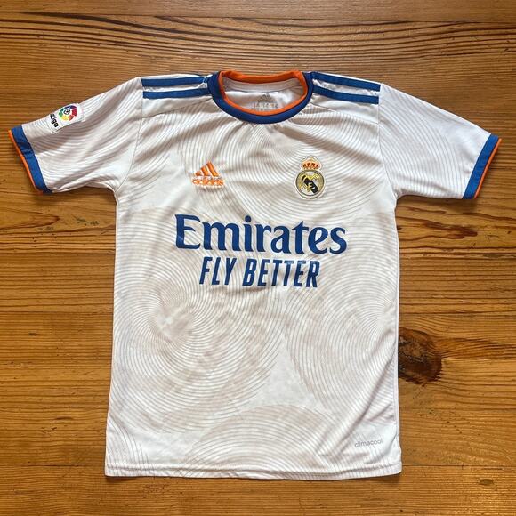 Adidas white Real Madrid Benzema 9 short sleeve youth jersey SIZE 14 - Picture 1 of 7